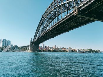 Arch bridge over river against sky in city