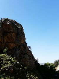 Low angle view of mountain against clear blue sky