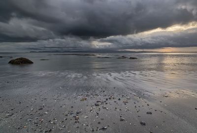 Scenic view of beach against cloudy sky