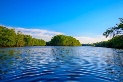 Scenic view of lake against blue sky