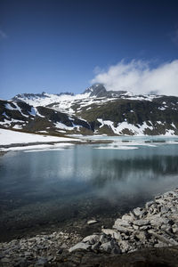 Scenic view of snow covered mountain against sky