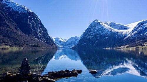 Scenic view of lake and snowcapped mountains against sky