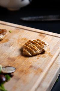 Close-up of food on cutting board and seitan mushroom 