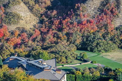 High angle view of trees by building during autumn