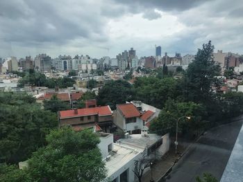 High angle view of buildings against sky