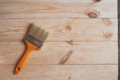 High angle view of text on wooden table