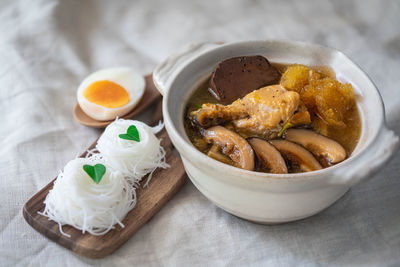 High angle view of food in bowl on table