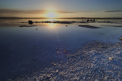 Sunset on the pink lagoon of the salt flats of torrevieja, spain