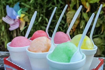 Close-up of frozen fruity ice cream sherbet in pastel shades