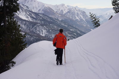 Rear view of man on snowcapped mountain