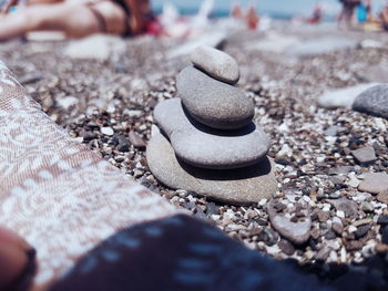 Close-up of stack stones on beach