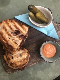 High angle view of breakfast served on table