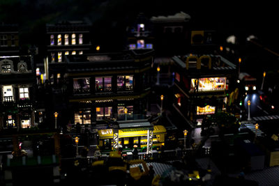 High angle view of illuminated buildings at night