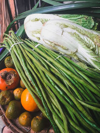 High angle view of vegetables and fruits for sale in market