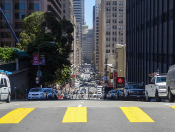 View of city street and modern buildings