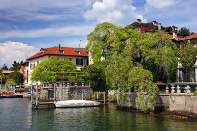 Trees and houses by river against sky