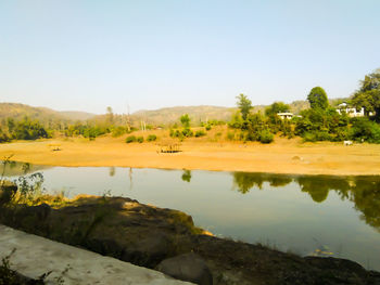 Scenic view of lake against clear sky