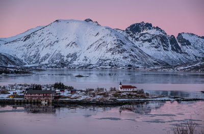 Scenic view of lake against clear sky during winter