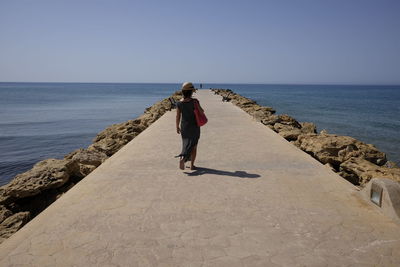 Rear view of woman walking on shore against clear sky