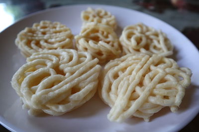 Close-up of noodles served in plate