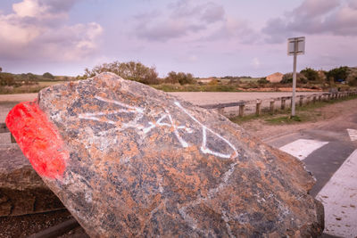 Close-up of rock on field against sky