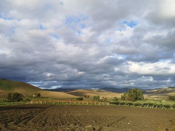 Scenic view of field against cloudy sky