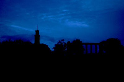 Low angle view of silhouette built structure against sky