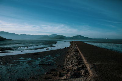 Scenic view of beach against blue sky