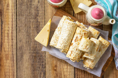 High angle view of breakfast on table