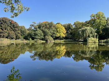 Scenic view of lake against clear blue sky