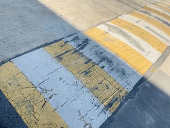 High angle view of road sign on street