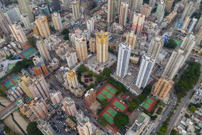 High angle view of buildings in city