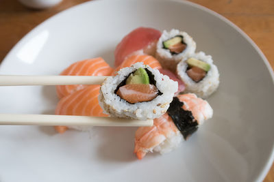 Close-up of sushi served in plate