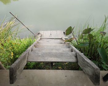 High angle view of wooden pier over lake