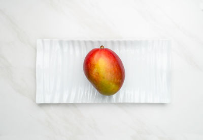 High angle view of apple on table against white background