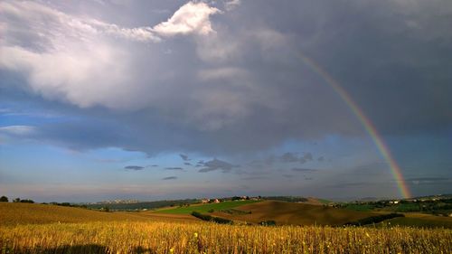 Scenic view of rainbow over field against cloudy sky