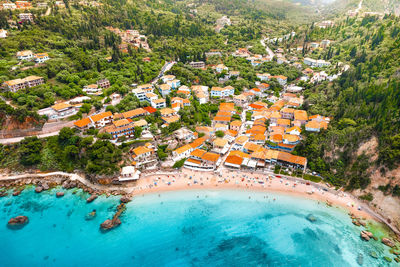 Aerial view of town and beach in lefkada island