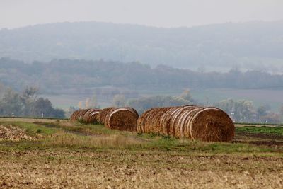 Hay bales on field against sky