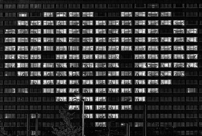 Full frame shot of building with heart shaped illuminated windows.