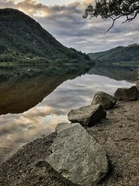 Scenic view of lake and mountains against sky