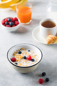 High angle view of breakfast served on table