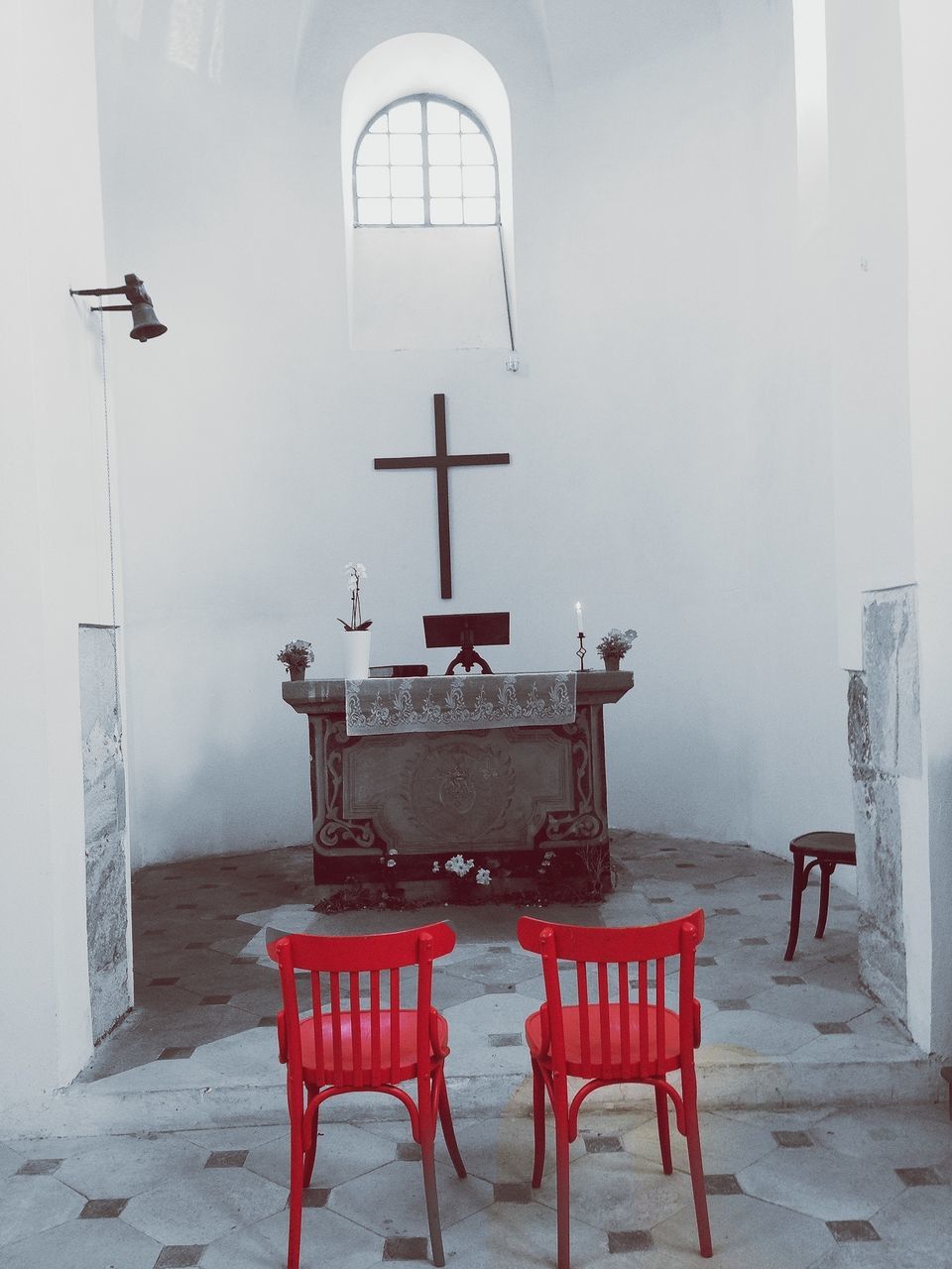 built structure, architecture, chair, door, indoors, bench, building exterior, entrance, religion, red, empty, day, place of worship, absence, wall - building feature, window, closed, church, wall