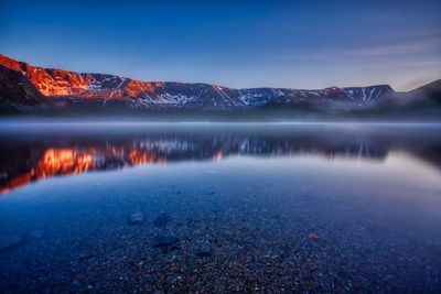 Scenic view of lake against blue sky during winter