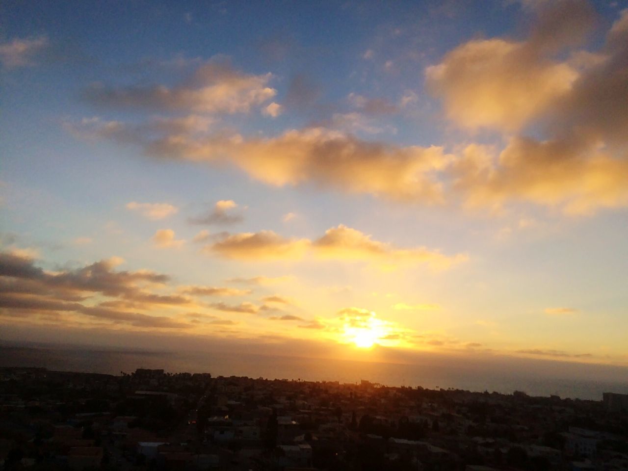 AERIAL VIEW OF CITYSCAPE AGAINST SKY DURING SUNSET
