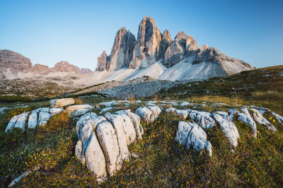 Scenic view of rocky mountains against clear sky