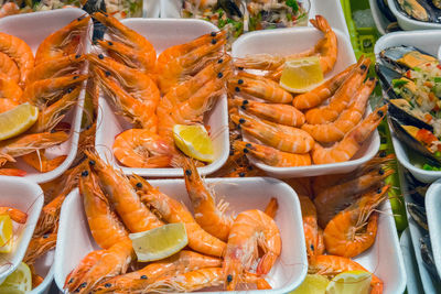 Tapas with shrimps seen at a market in madrid, spain