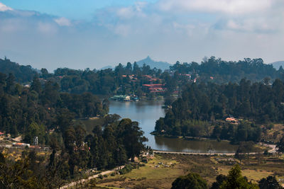 Scenic view of river by trees against sky