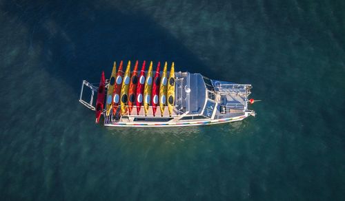 High angle view of sailboat sailing in sea