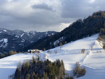 Scenic view of snowcapped mountains against sky