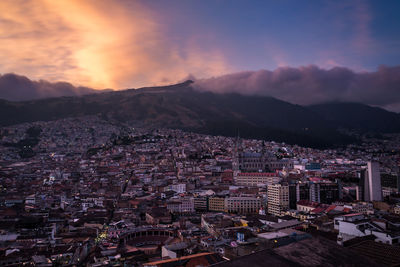 High angle view of townscape against sky during sunset